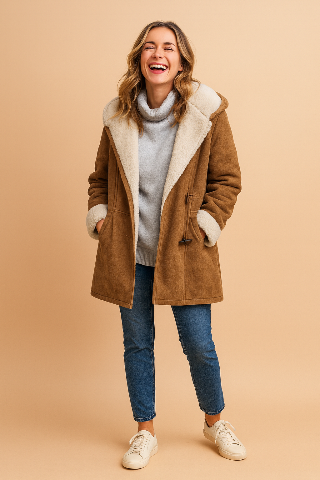 Women's Cosy Hooded Winter Duffle Jacket with Soft Fleece Lining and Toggle Button Fastening – Relaxed Fit Mid-Length Warm Casual Outerwear with Front Pockets for Autumn and Winter Everyday Wear