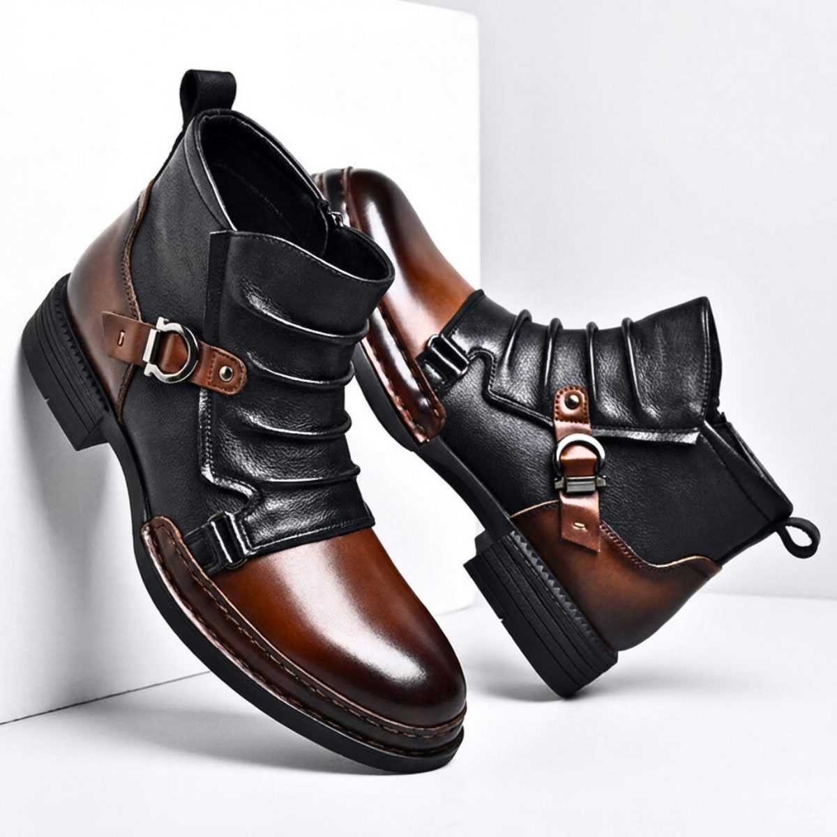 Buckle Strap Ankle Boots with Side Zipper for Men
