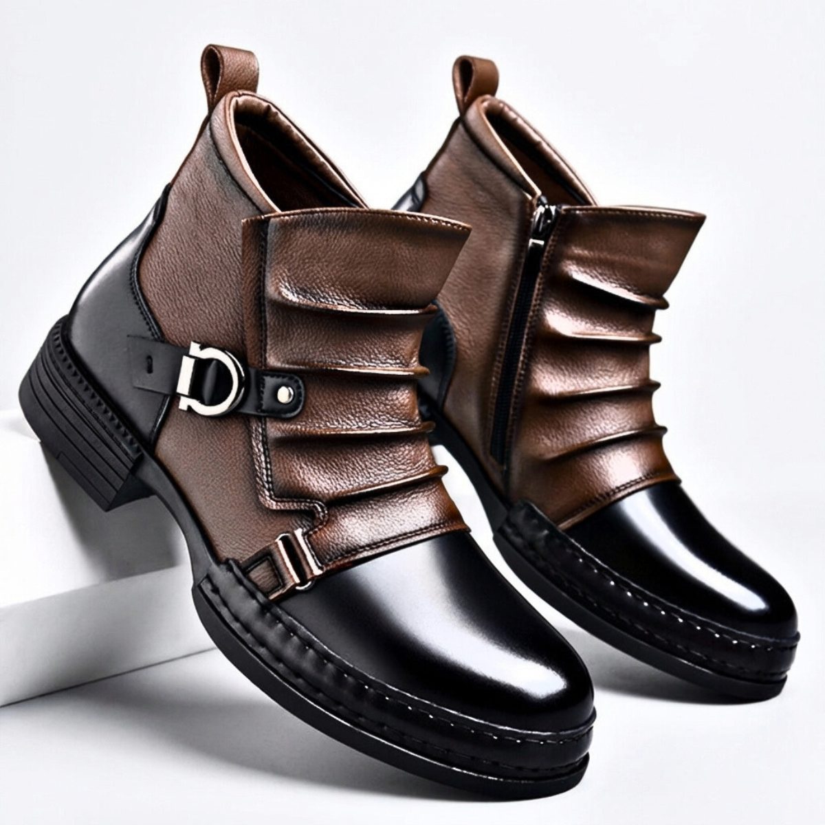 Buckle Strap Ankle Boots with Side Zipper for Men