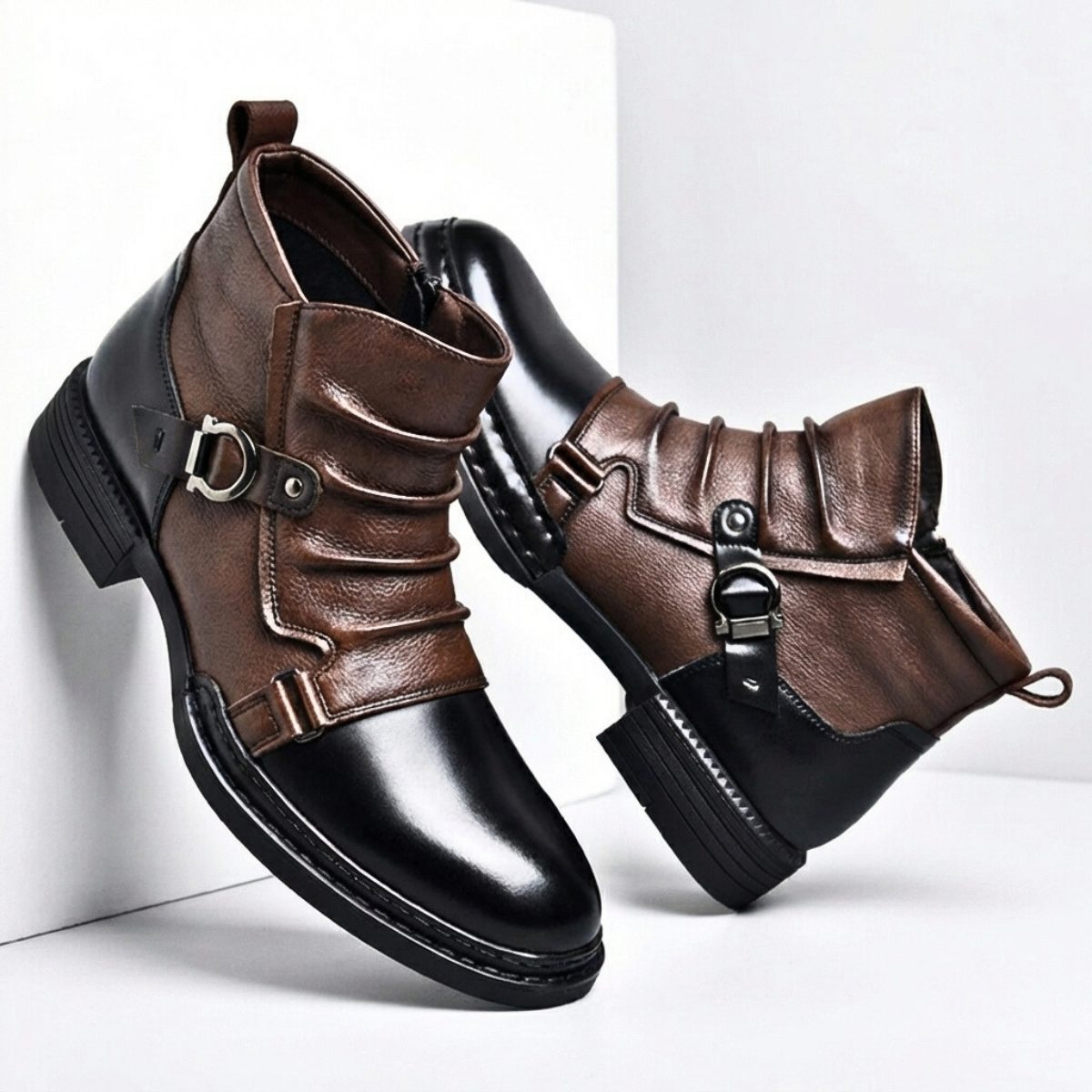 Buckle Strap Ankle Boots with Side Zipper for Men