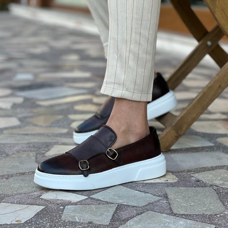 Buckle Strap Leather Slip-On Sneakers for Men