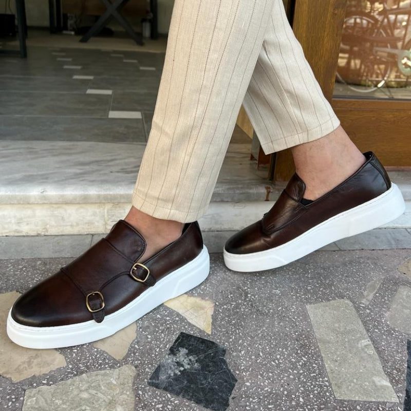 Buckle Strap Leather Slip-On Sneakers for Men