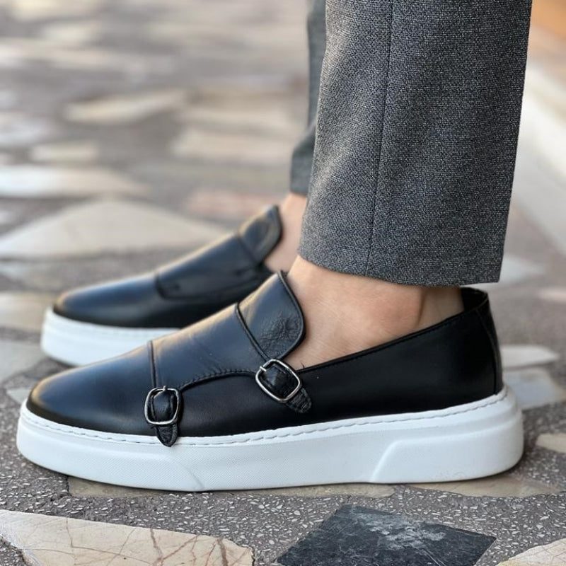 Buckle Strap Leather Slip-On Sneakers for Men