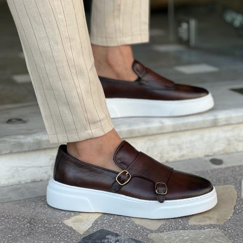 Buckle Strap Leather Slip-On Sneakers for Men