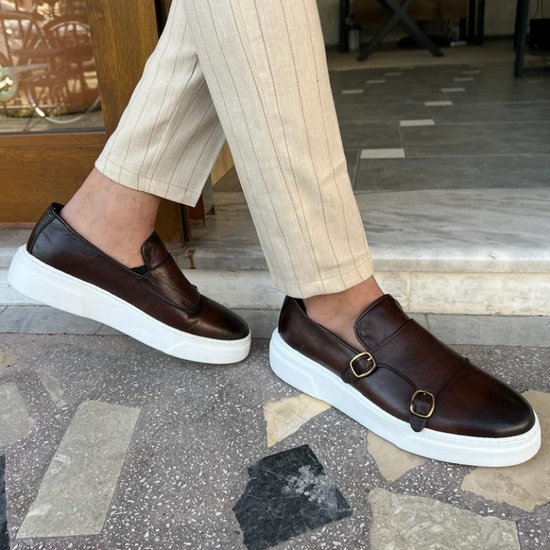 Buckle Strap Leather Slip-On Sneakers for Men