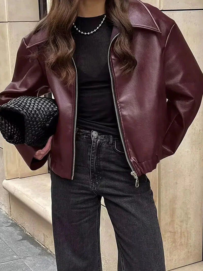 Women’s Faux Leather Bomber Jacket with Zip Front