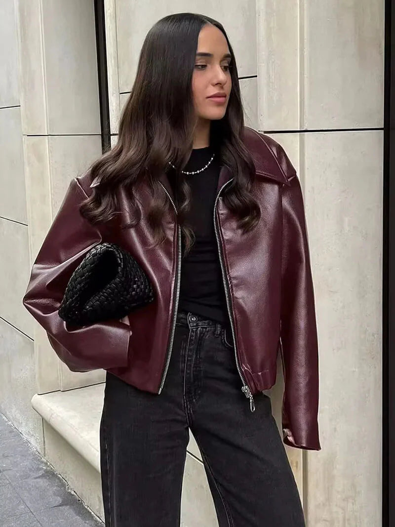Women’s Faux Leather Bomber Jacket with Zip Front