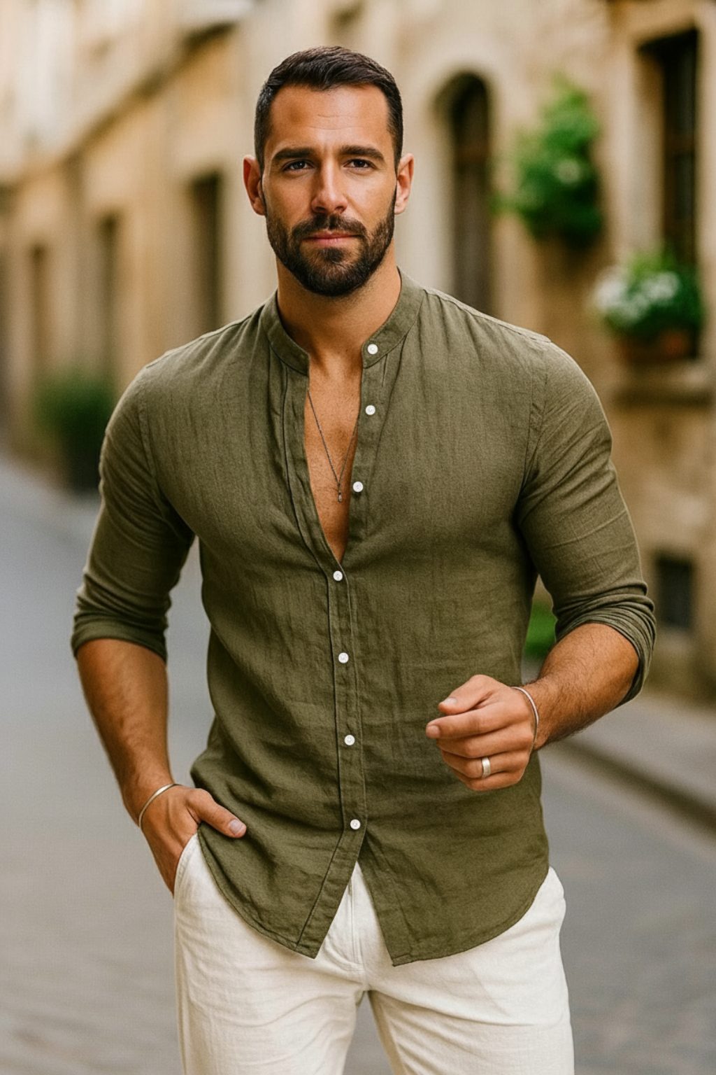 Button-Down Linen Long Sleeve Shirt for Men