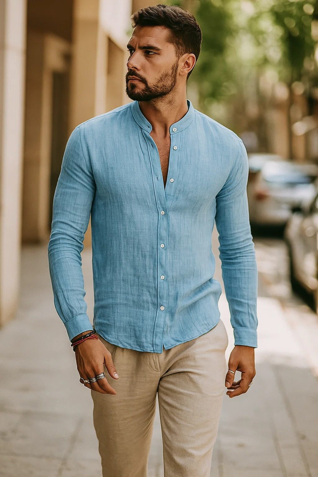 Button-Down Linen Long Sleeve Shirt for Men