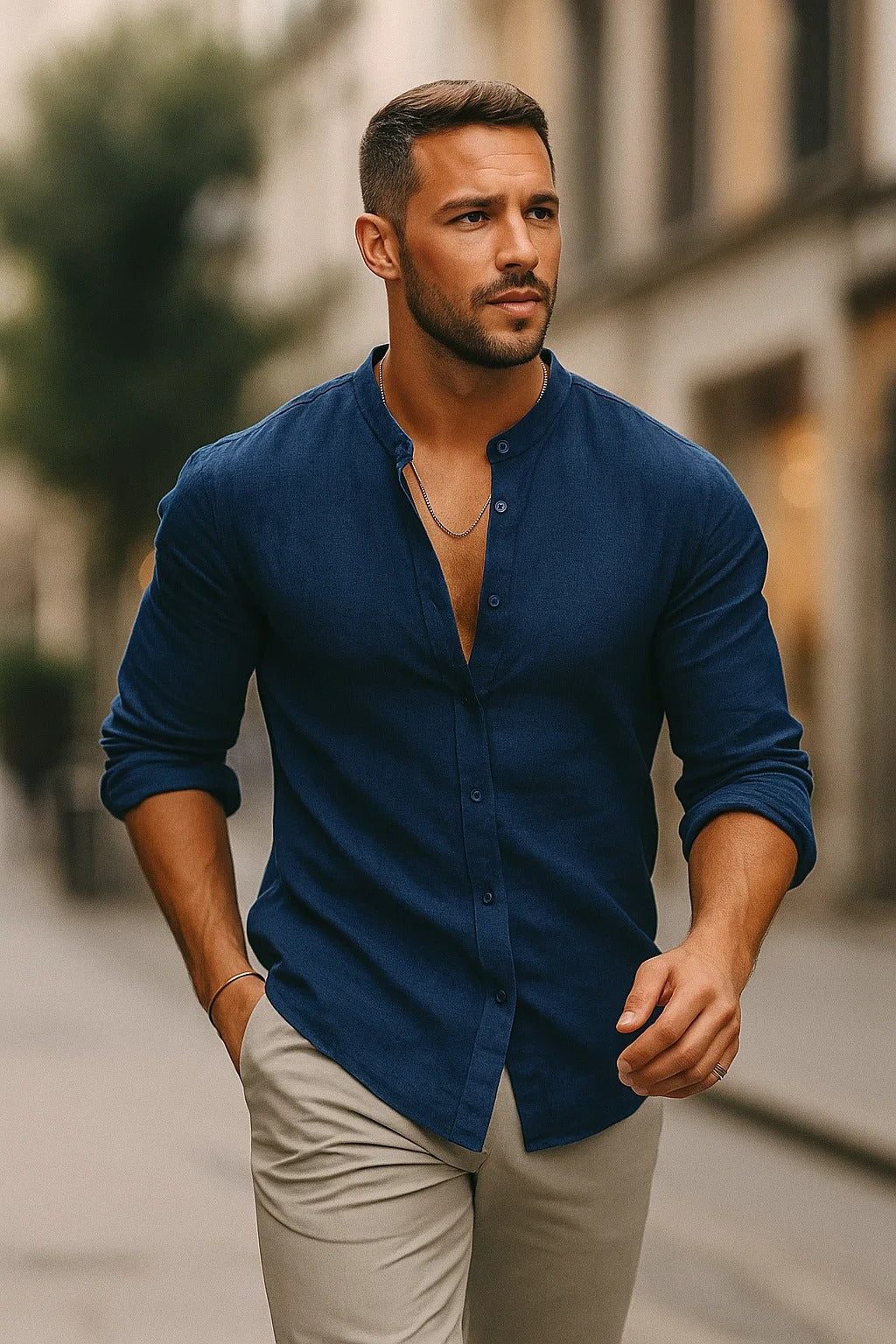 Button-Down Linen Long Sleeve Shirt for Men