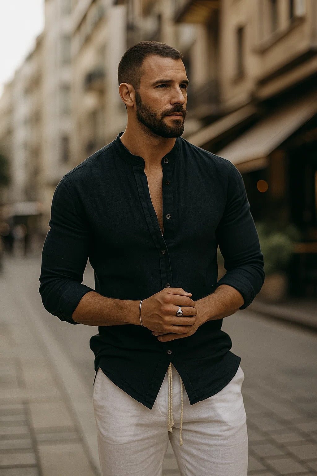 Button-Down Linen Long Sleeve Shirt for Men