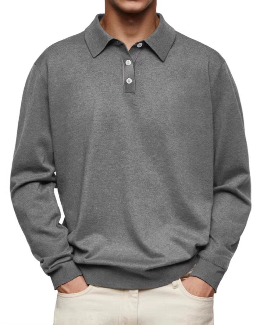 Button-Down Ribbed Knit Long Sleeve Polo Shirt for Men