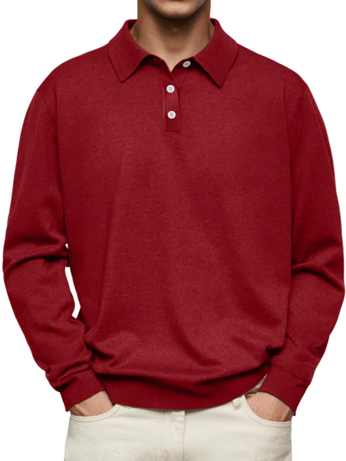 Button-Down Ribbed Knit Long Sleeve Polo Shirt for Men