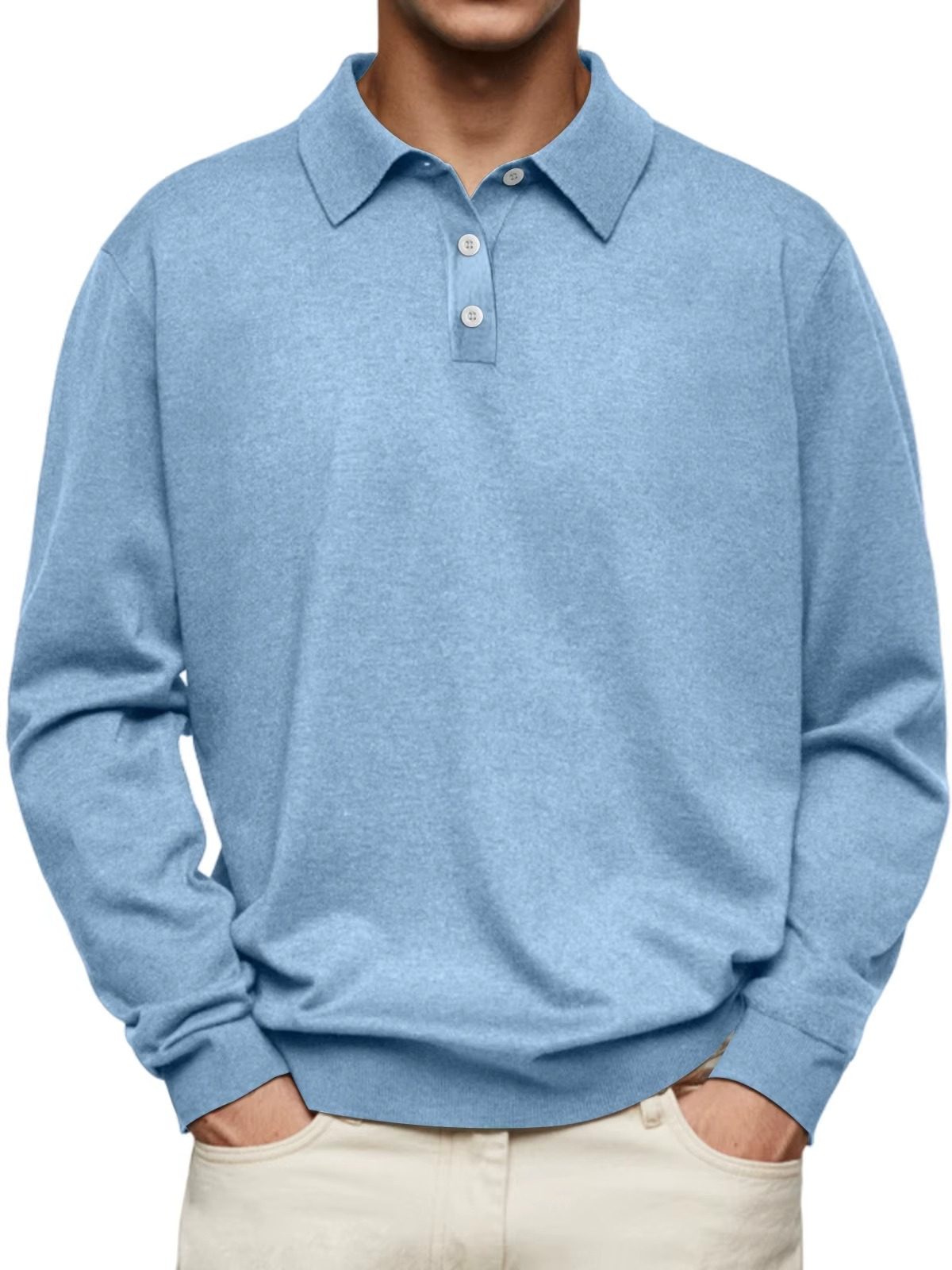 Button-Down Ribbed Knit Long Sleeve Polo Shirt for Men