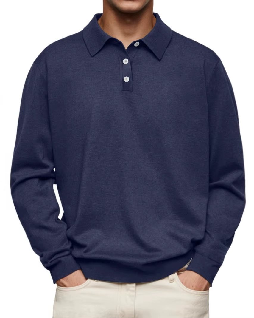 Button-Down Ribbed Knit Long Sleeve Polo Shirt for Men