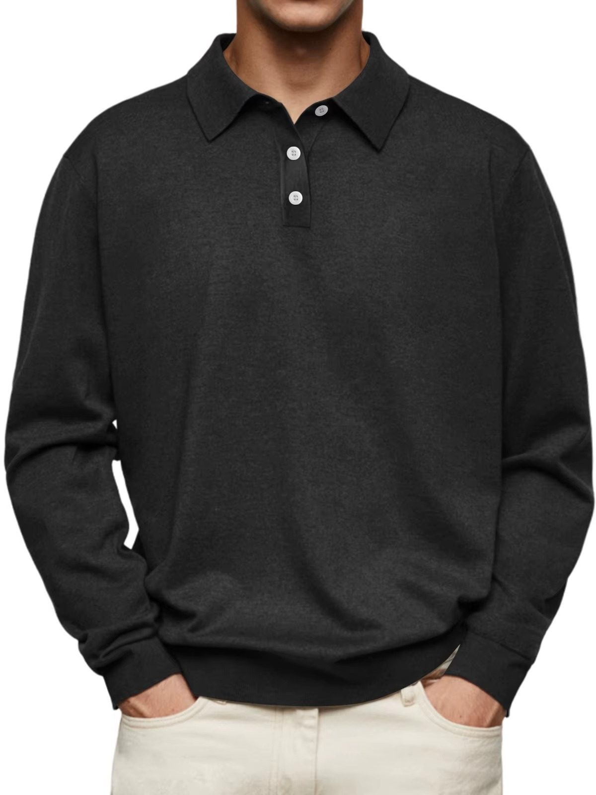 Button-Down Ribbed Knit Long Sleeve Polo Shirt for Men