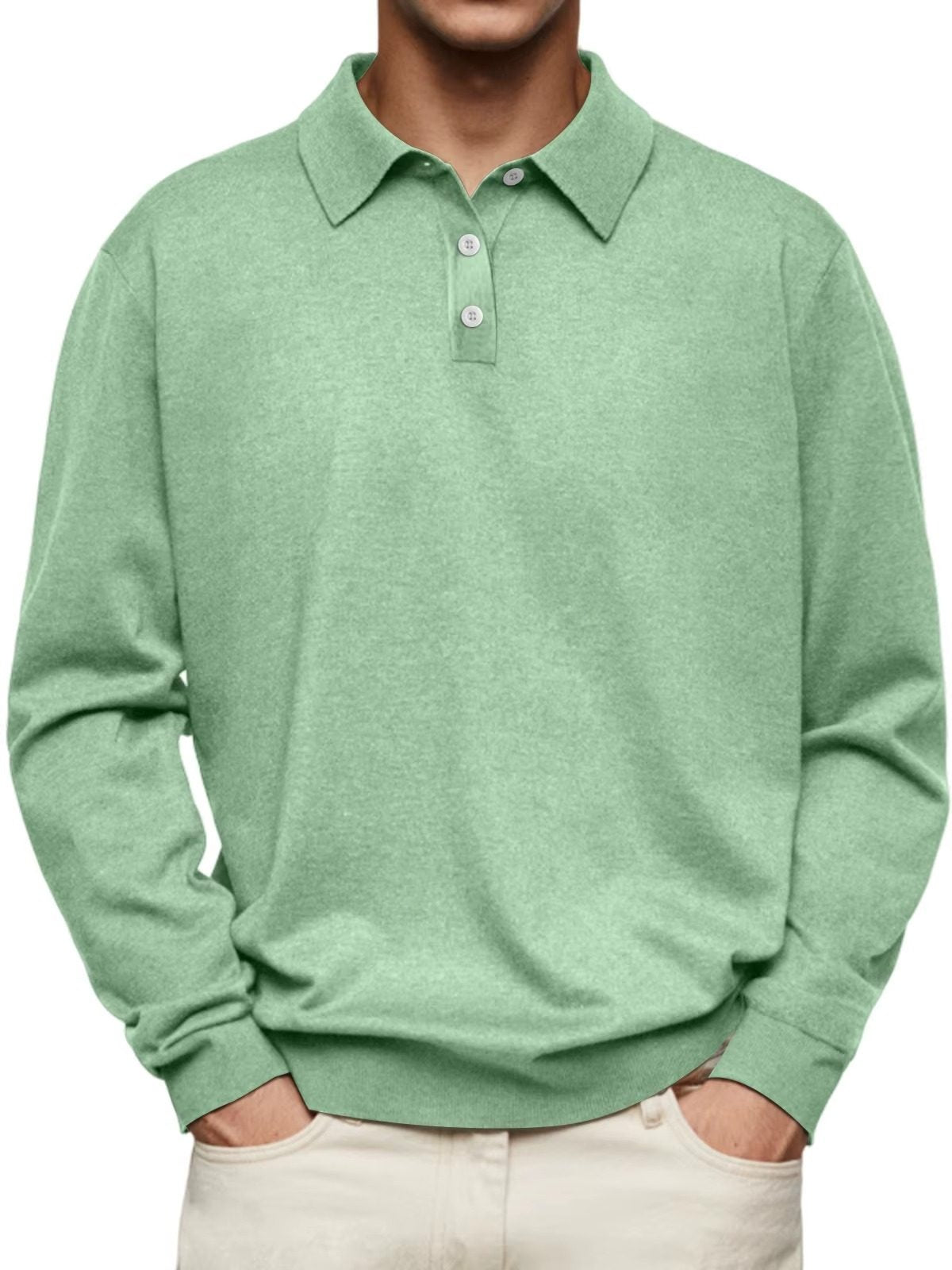 Button-Down Ribbed Knit Long Sleeve Polo Shirt for Men