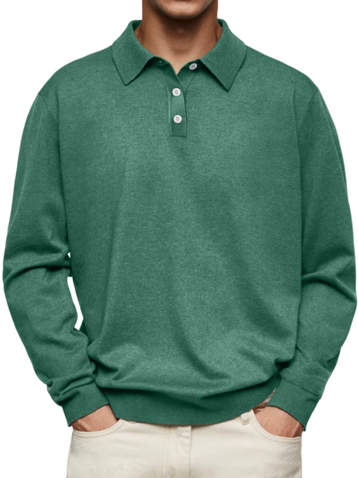 Button-Down Ribbed Knit Long Sleeve Polo Shirt for Men