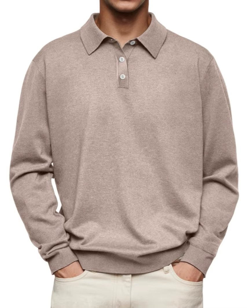 Button-Down Ribbed Knit Long Sleeve Polo Shirt for Men