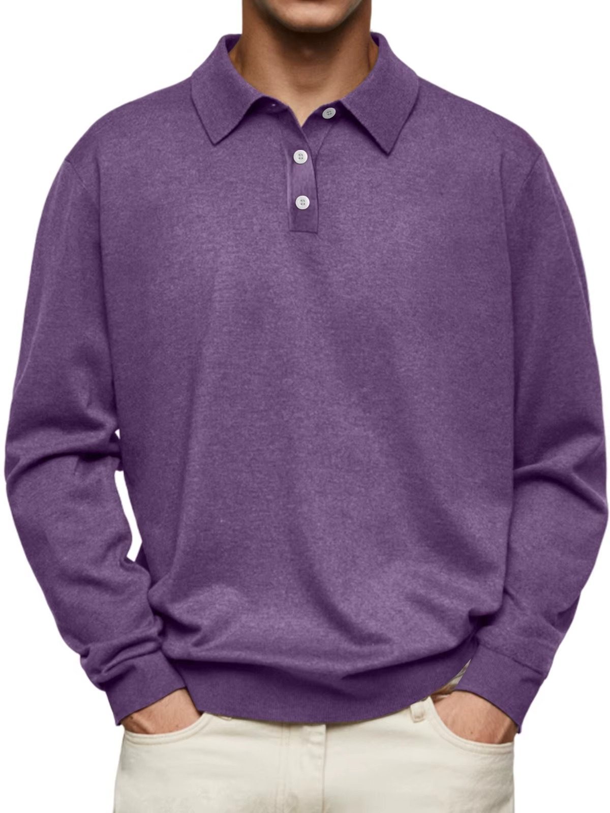 Button-Down Ribbed Knit Long Sleeve Polo Shirt for Men