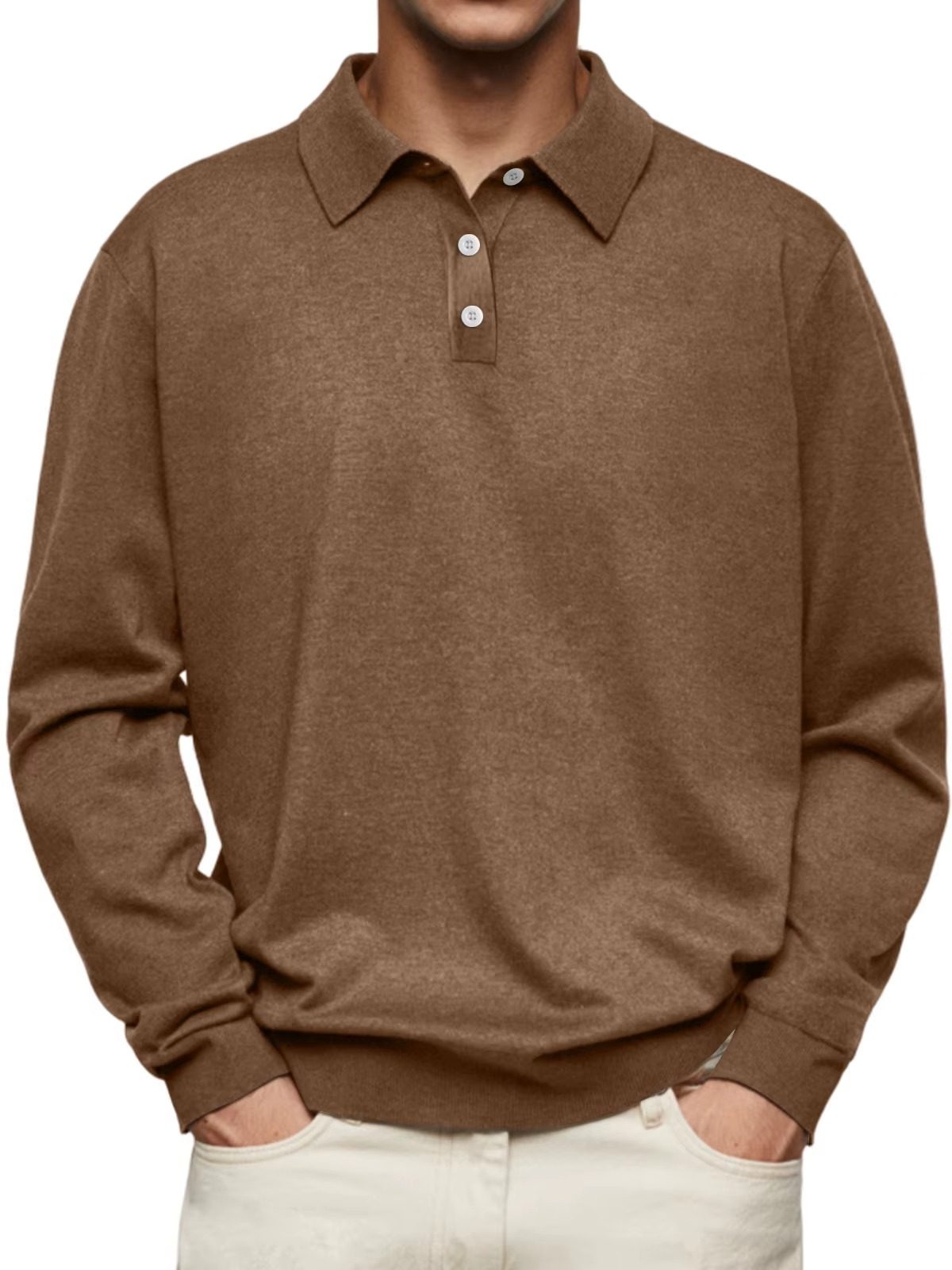 Button-Down Ribbed Knit Long Sleeve Polo Shirt for Men