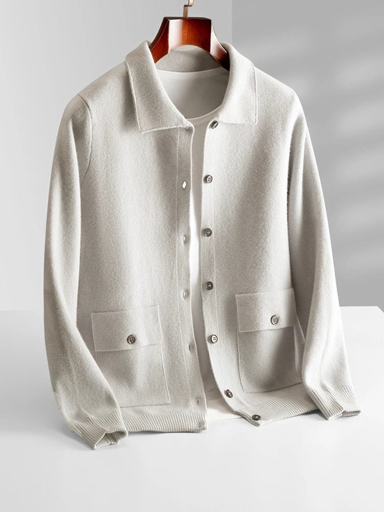 Button-Up Wool Cardigan with Polo Collar for Men