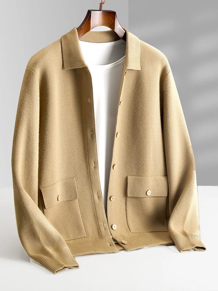 Button-Up Wool Cardigan with Polo Collar for Men