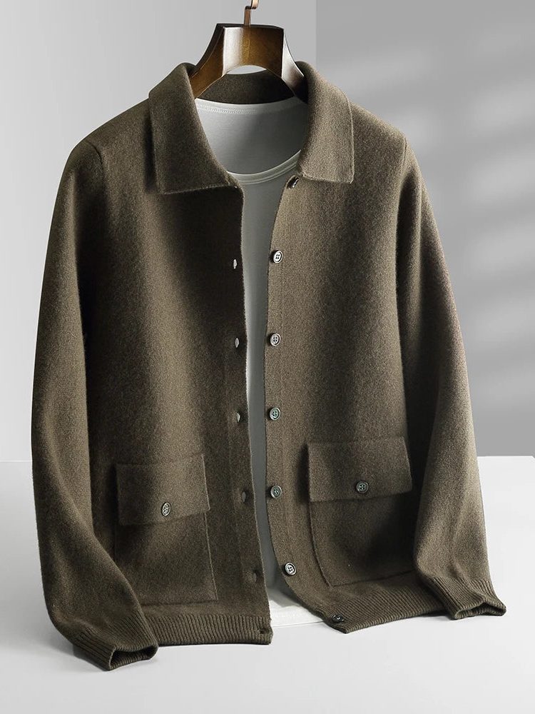 Button-Up Wool Cardigan with Polo Collar for Men