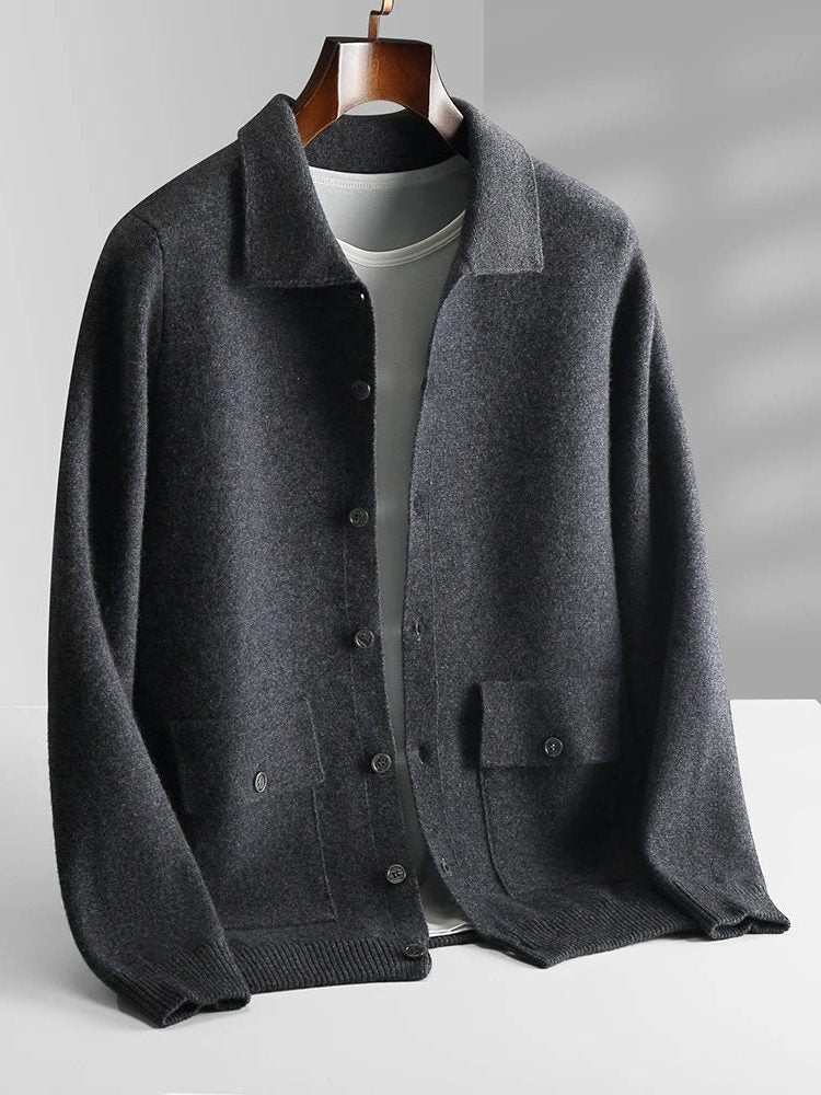 Button-Up Wool Cardigan with Polo Collar for Men