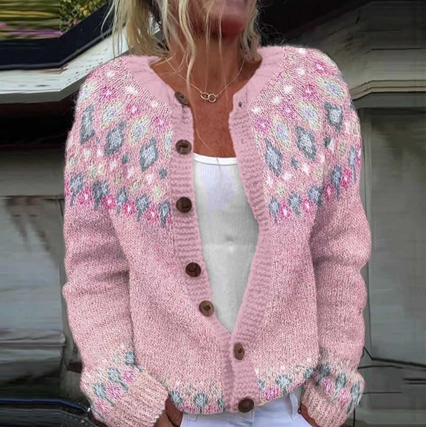 Lottie | Pink Fair Isle Knit Wooden Buttons Cardigan