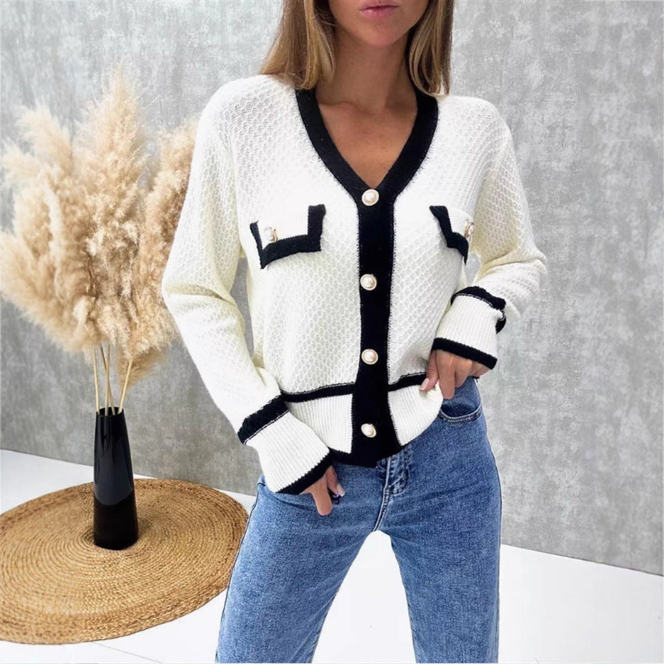 Women's Elegant V Neck Knitted Cardigan with Pearl Effect Buttons – Contrast Trim Long Sleeve Cardigan for Smart Casual and Office Wear