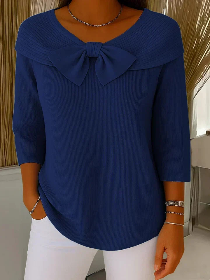 Women's Ribbed Wool Blend Sweater with Bow Neckline – Elegant Three-Quarter Sleeve Knit for Autumn and Winter