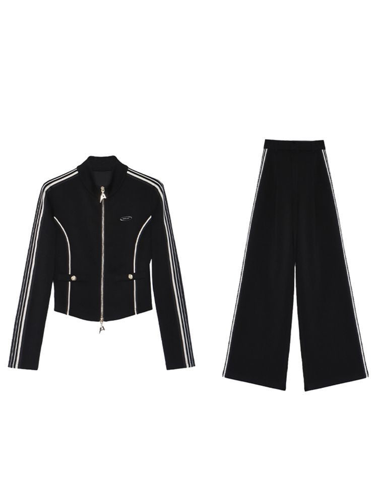 Women's Zip-Up Stand-Collar Jacket and Wide-Leg Trousers Set – Relaxed Sporty Two-Piece Co-Ord for Travel and Everyday Casual Wear