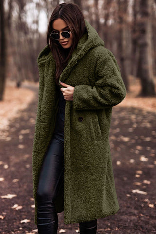 Women's Hooded Longline Teddy Coat with Button Front