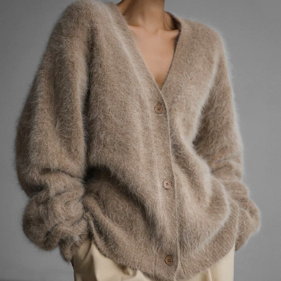 Women's Fluffy Wool Cashmere Blend Cardigan with Buttons – Soft V-Neck Knit for Autumn and Winter