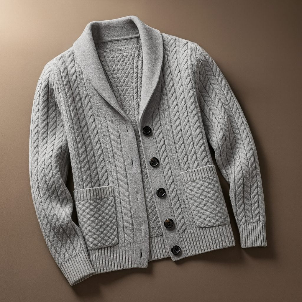 Cable Knit Button-Up Cardigan with Pockets for Men