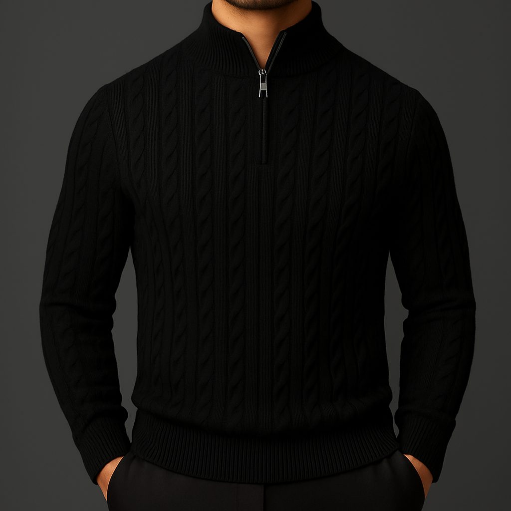 Cable Knit Quarter-Zip Sweater with Ribbed Collar for Men
