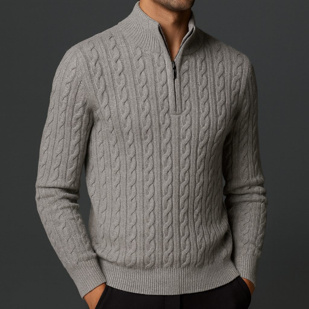 Cable Knit Quarter-Zip Sweater with Ribbed Collar for Men
