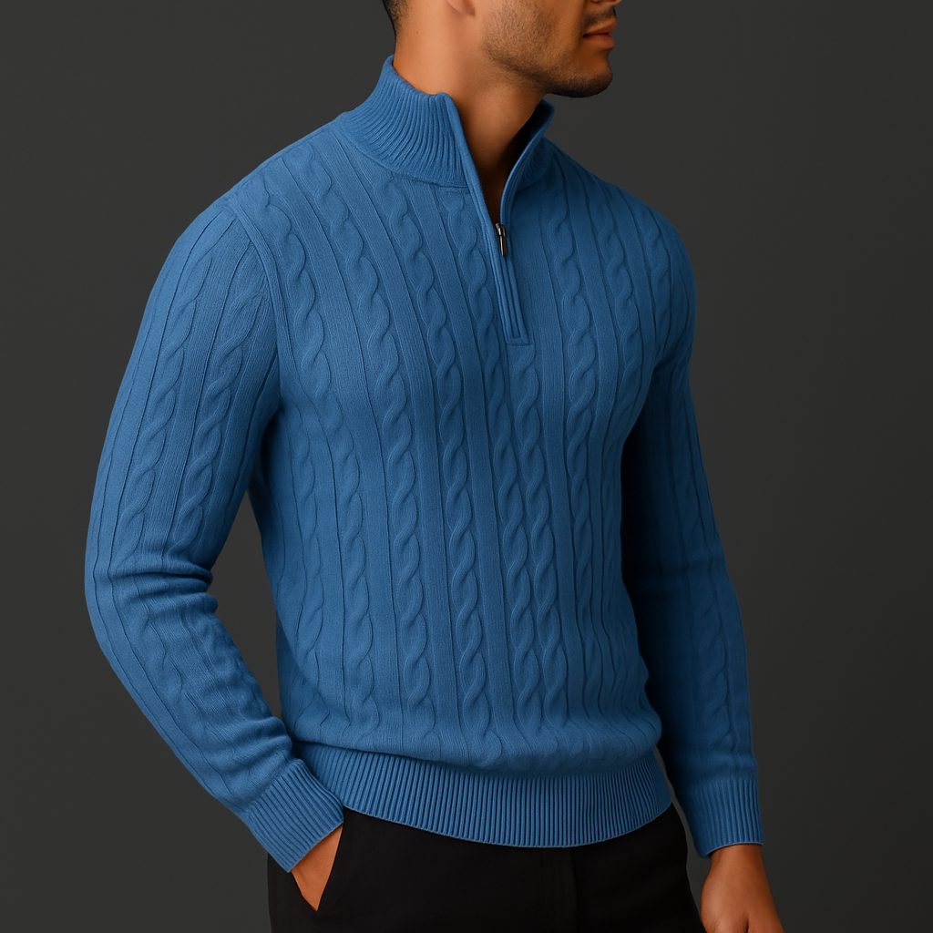 Cable Knit Quarter-Zip Sweater with Ribbed Collar for Men