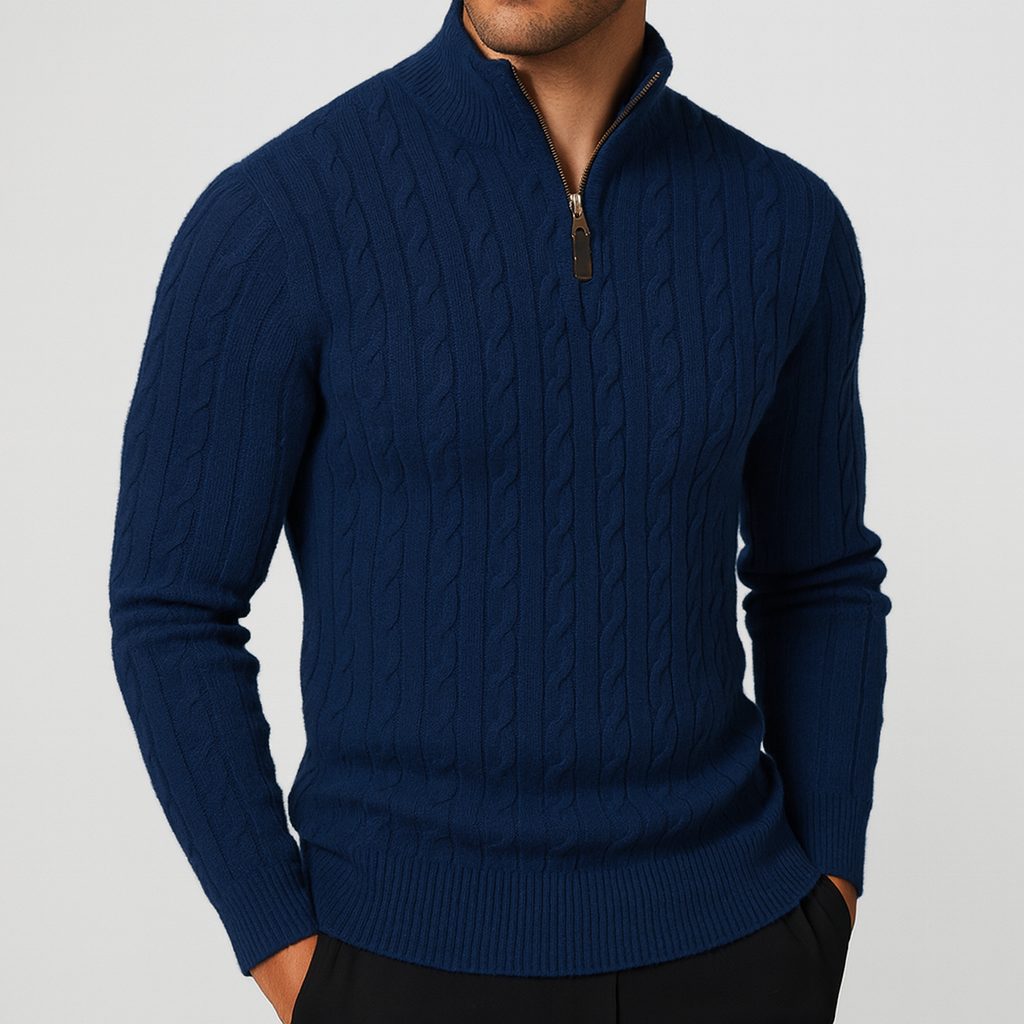Cable Knit Quarter-Zip Sweater with Ribbed Collar for Men