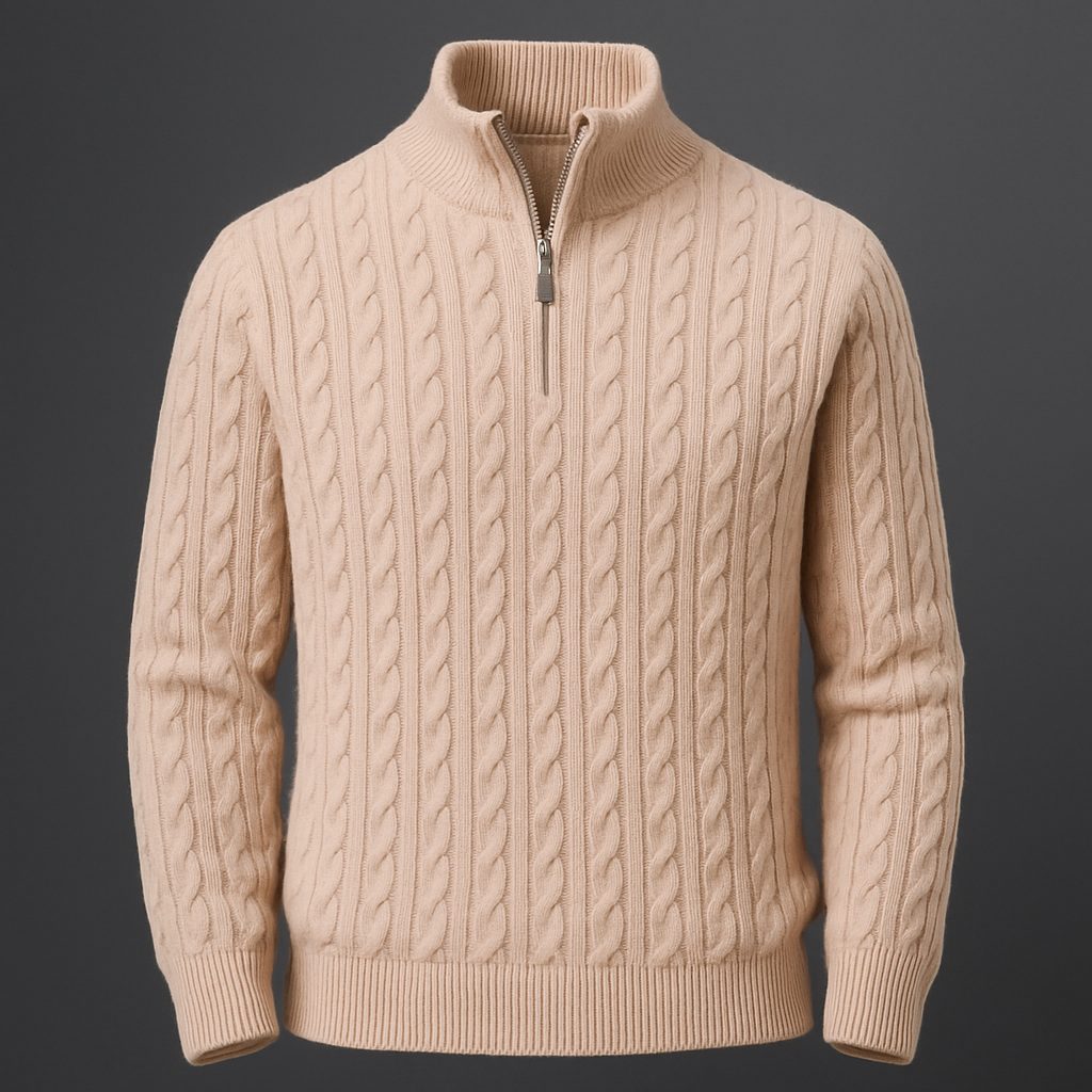 Cable Knit Quarter-Zip Sweater with Ribbed Collar for Men