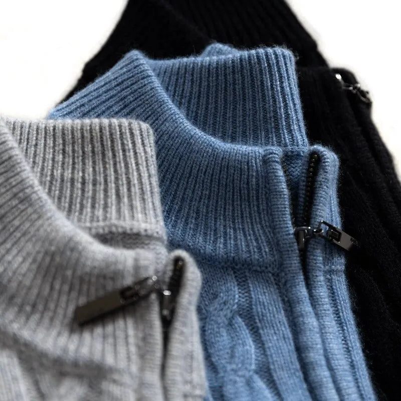 Cable Knit Quarter-Zip Sweater with Ribbed Collar for Men