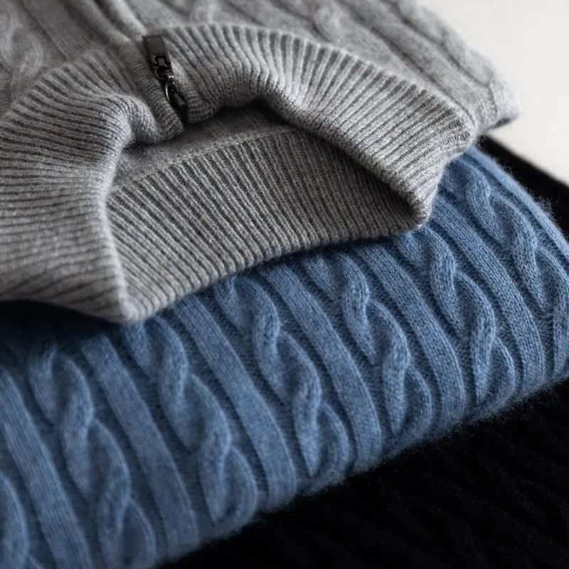 Cable Knit Quarter-Zip Sweater with Ribbed Collar for Men