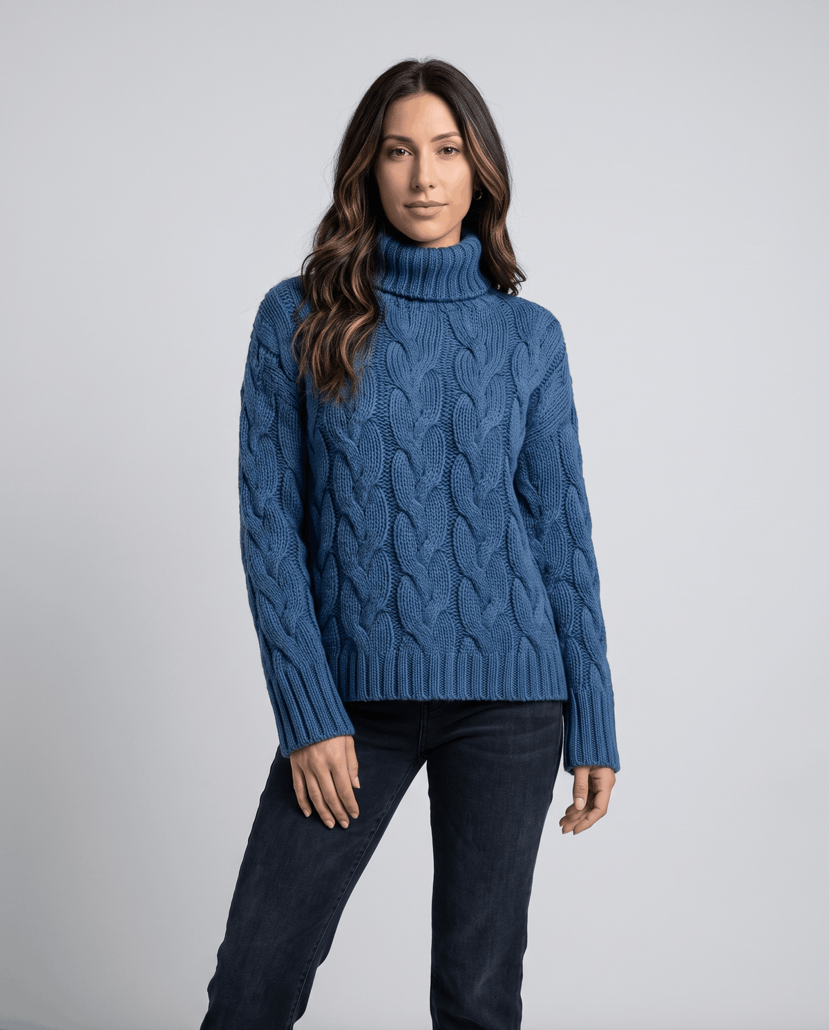 Chunky Cable Knit Turtleneck Sweater – Long Sleeve, Ribbed Cuffs & Relaxed Fit | Hilda