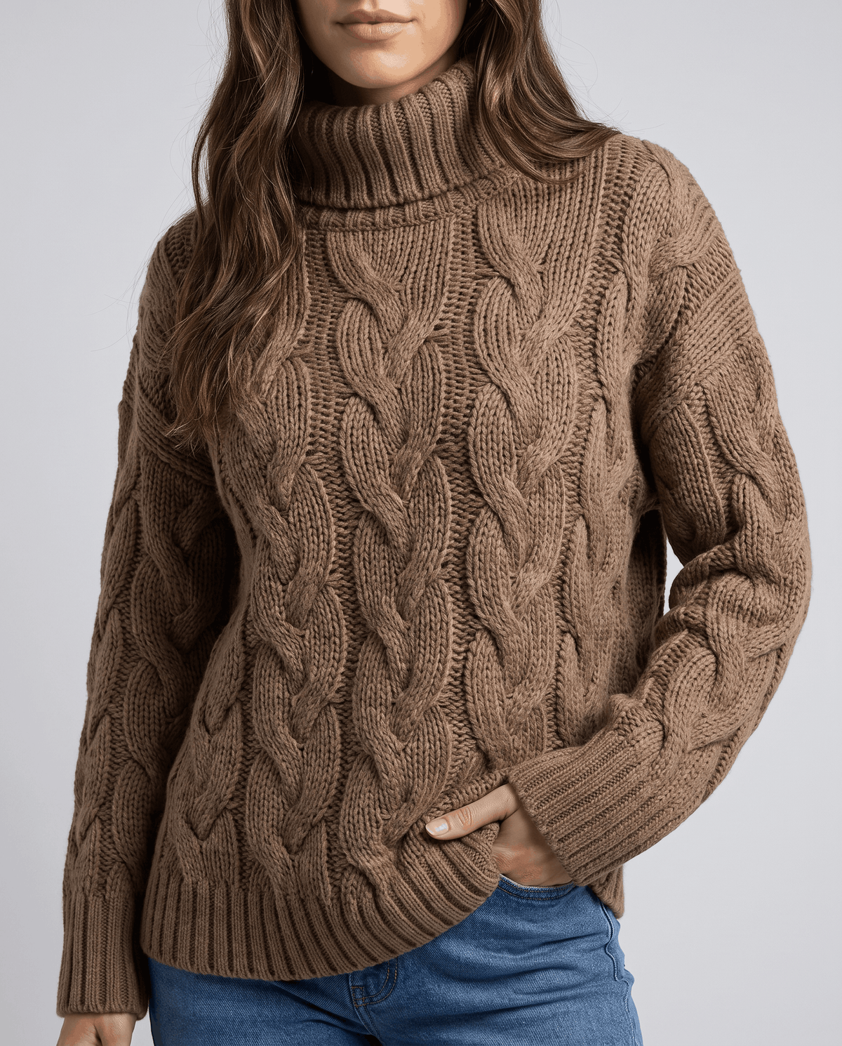 Chunky Cable Knit Turtleneck Sweater – Long Sleeve, Ribbed Cuffs & Relaxed Fit | Hilda