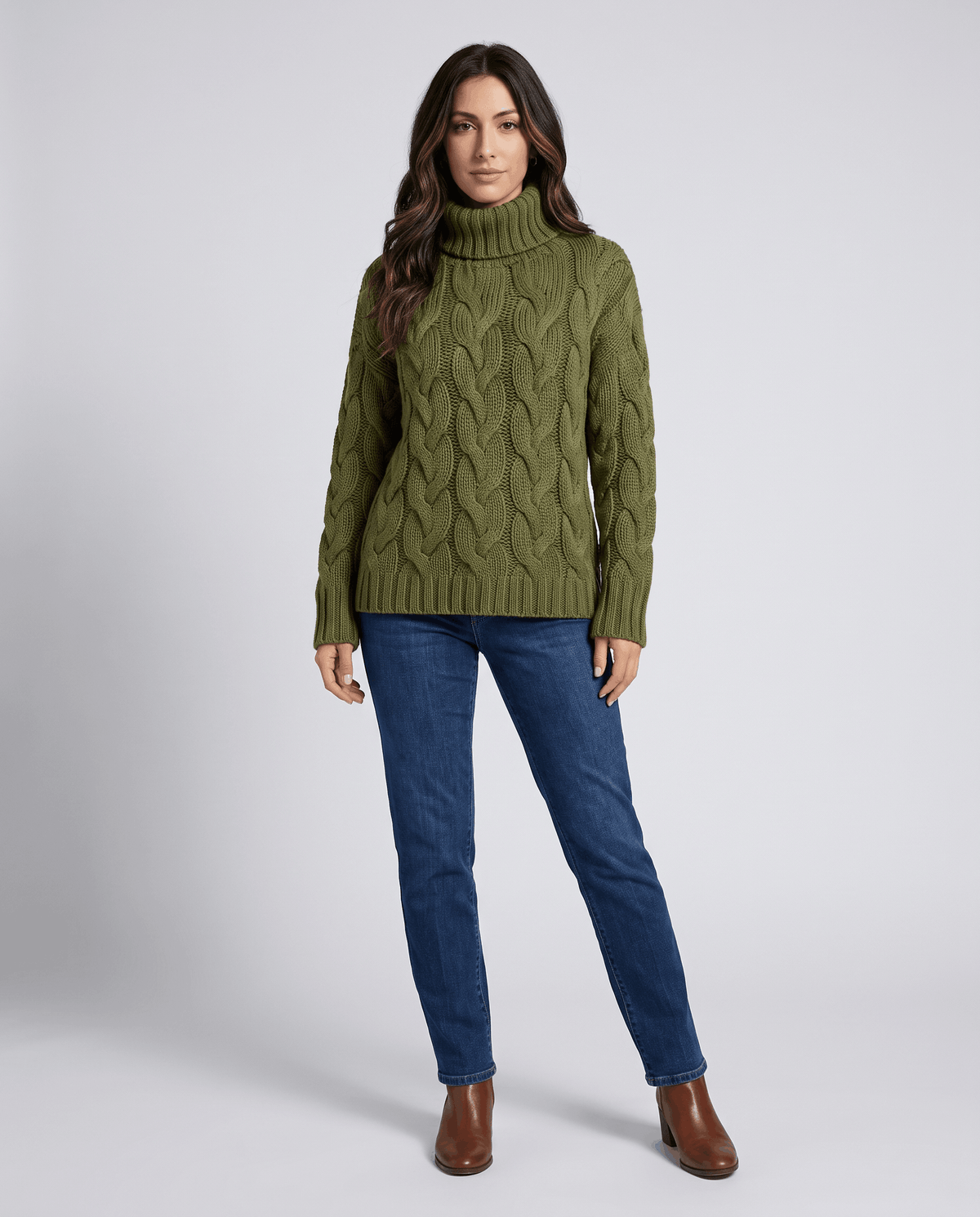 Chunky Cable Knit Turtleneck Sweater – Long Sleeve, Ribbed Cuffs & Relaxed Fit | Hilda
