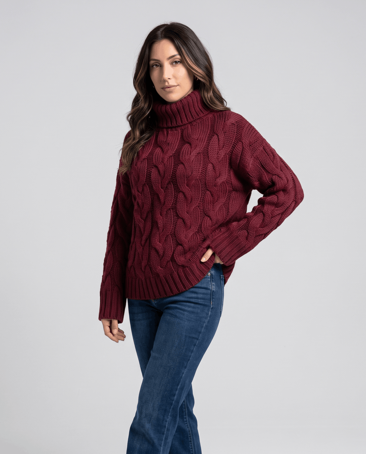 Chunky Cable Knit Turtleneck Sweater – Long Sleeve, Ribbed Cuffs & Relaxed Fit | Hilda