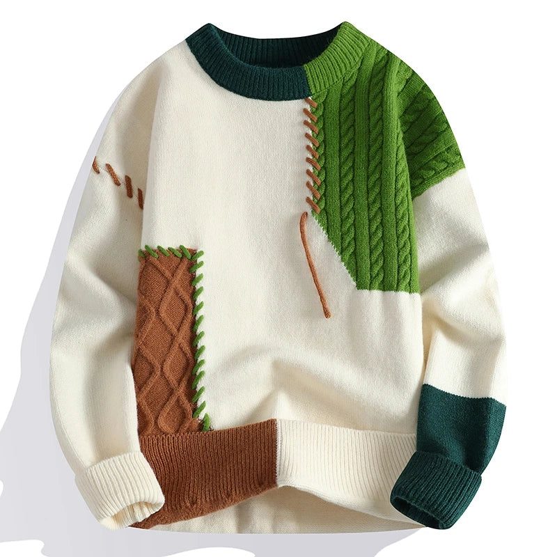 Cable Knit Wool Sweater with Crew Neck for Men