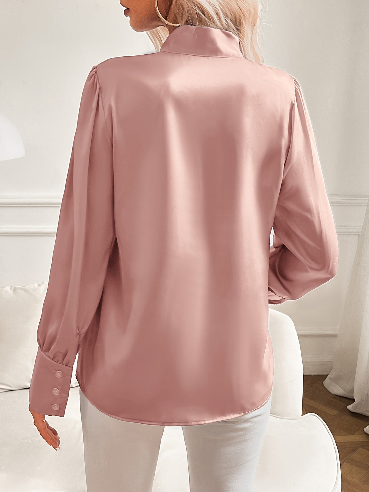 Women's Elegant Satin Finish Bow Neck Blouse with Puff Sleeves – Silky Long Sleeve Top for Office and Evening Wear
