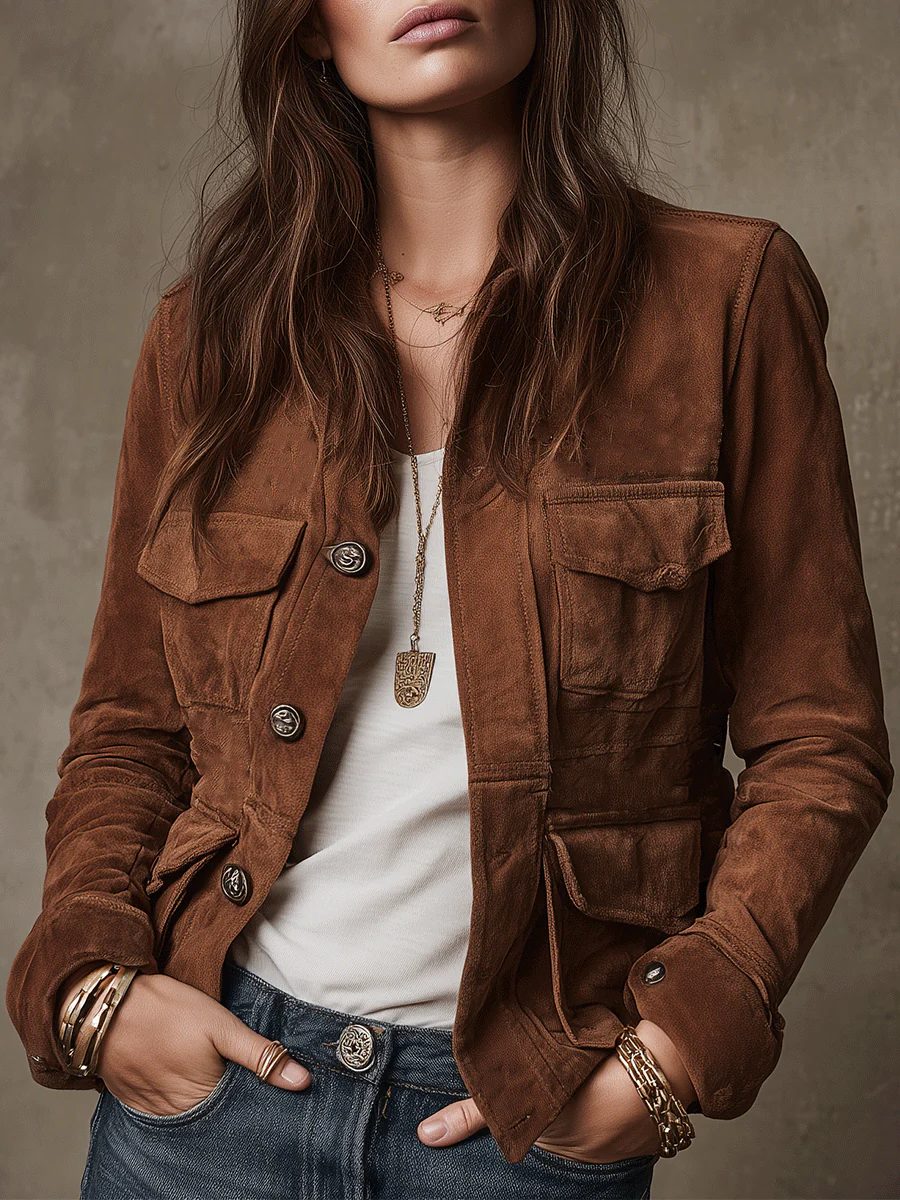 Calista | Suede Utility Jacket with Flap Pockets for Women